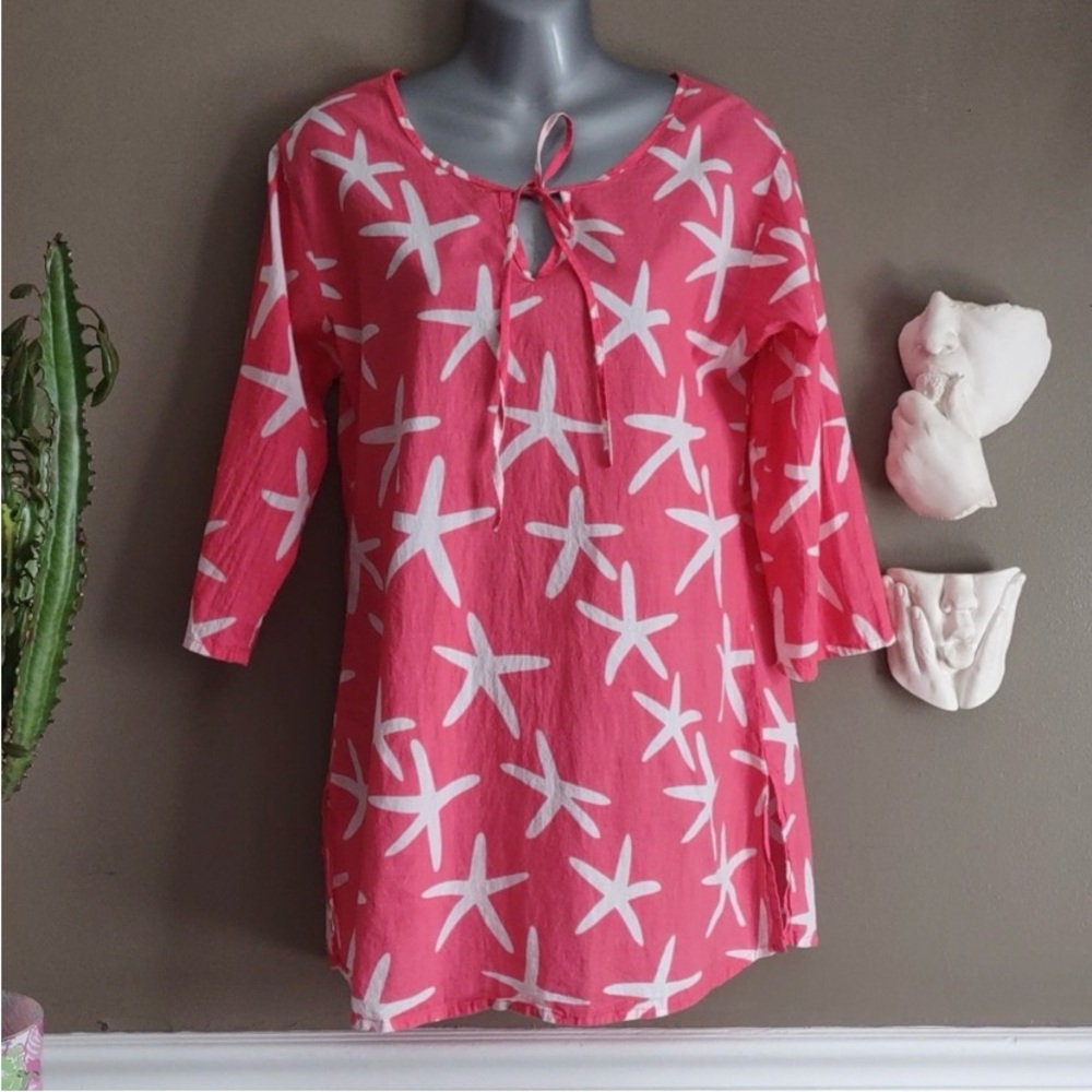 Island Beach pink white starfish swim cover up